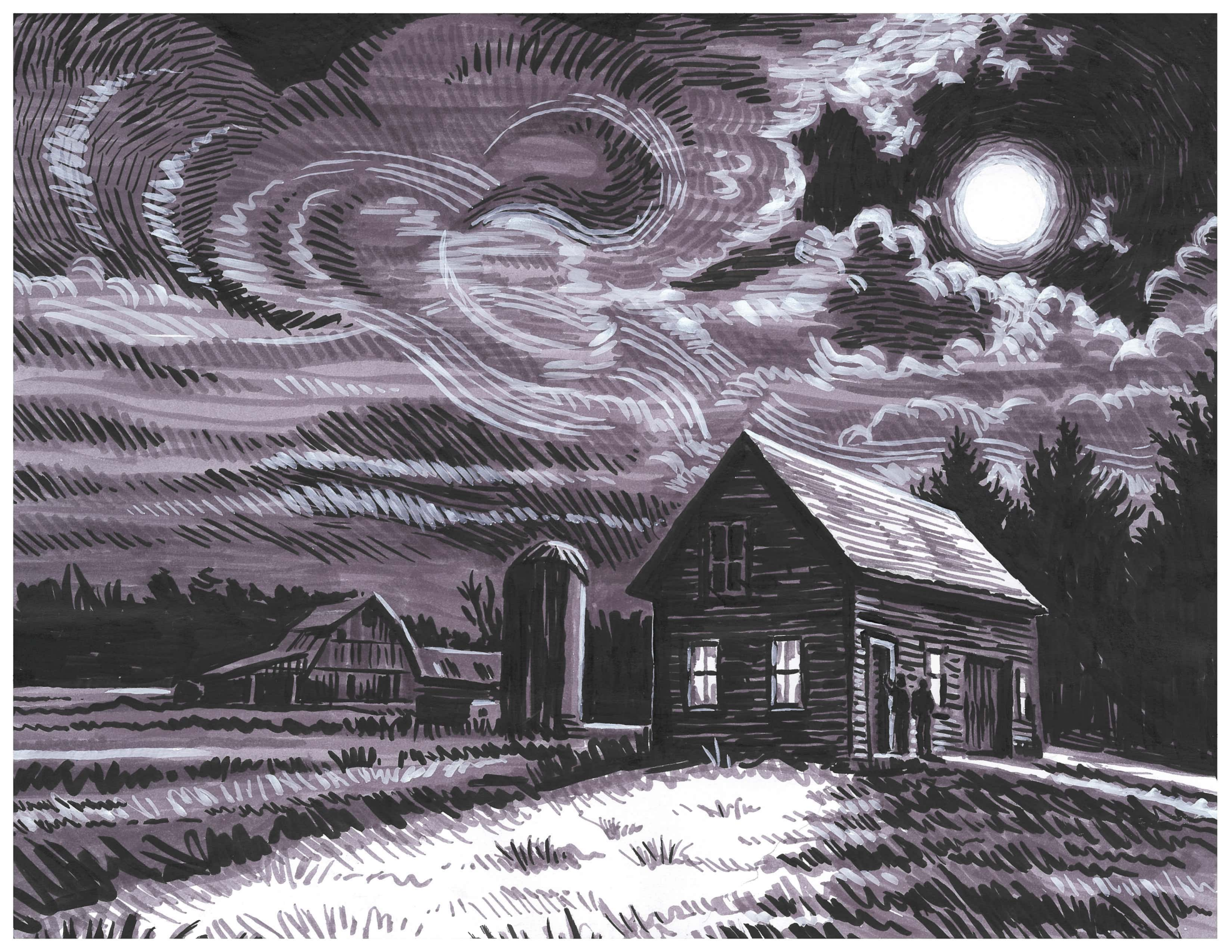 moonlit farmhouse